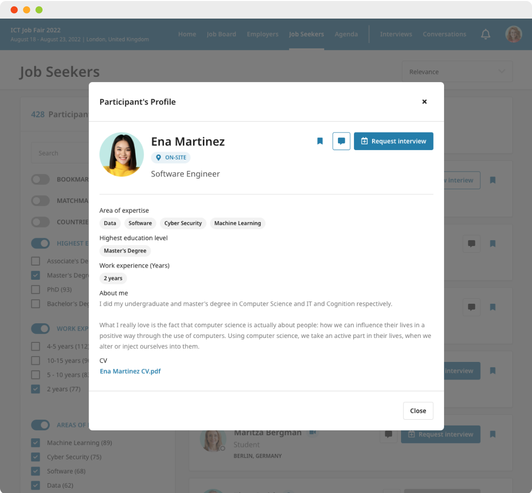 A screenshot displaying a job seeker profile on a job fair event.